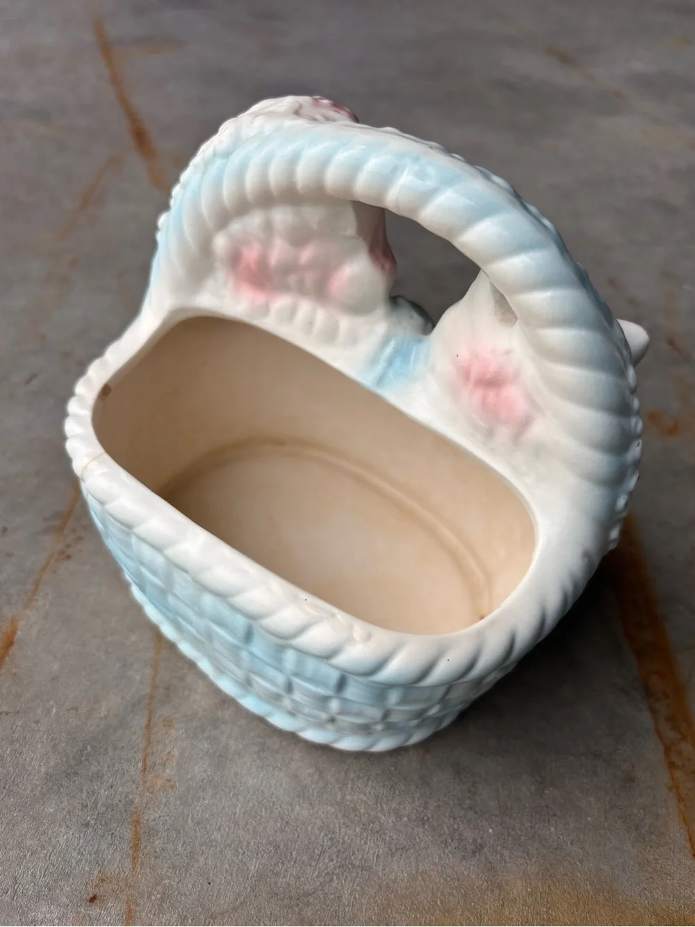 Vintage Inarco Japan Ceramic Poodle & Kitten Basket Planter Pastel Pink Blue